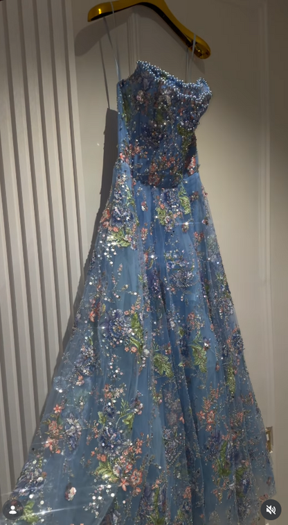 Fairy  A-Line Beaded Tulle Long Evening Dress Blue Prom Dress DP08090