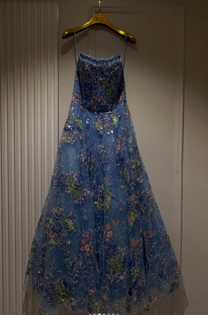 Fairy  A-Line Beaded Tulle Long Evening Dress Blue Prom Dress DP08090