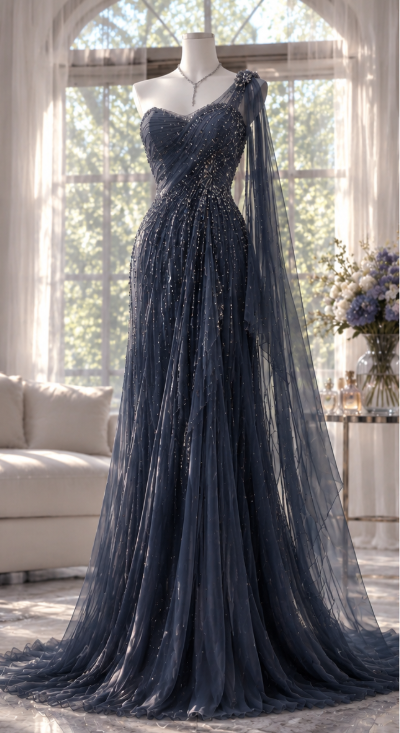 Fairy  Sheath Chiffon Beaded Long Evening Dress Navy Blue Prom Dress DP08092