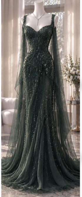 Fairy Mermaid Chiffon Sequins Long Evening Dress Dark Green Prom Dress DP08095