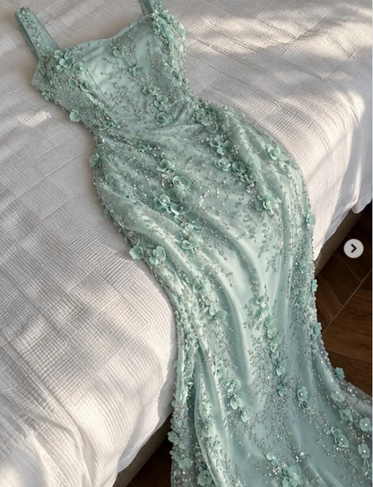 Fairy Sheath Chiffon Sequins Long Evening Dress Green Prom Dress DP08096