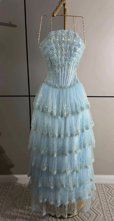 Fairy A-Line Tulle Long Evening Dress Pale Blue Prom Dress DP08097
