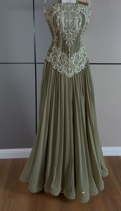 Fairy A-Line Chiffon  Long Evening Dress Olive Green Prom Dress DP08098