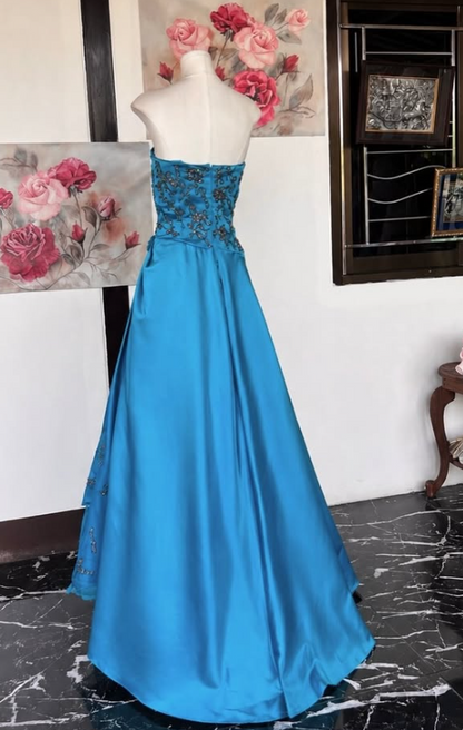 Fairy A-Line Satin Long Evening Dress Blue Prom DressDP08099