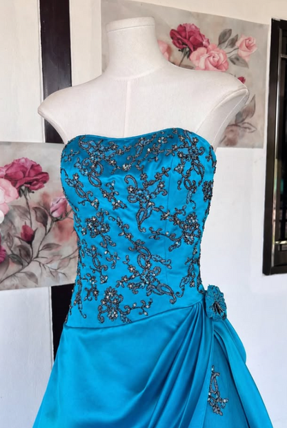 Fairy A-Line Satin Long Evening Dress Blue Prom DressDP08099