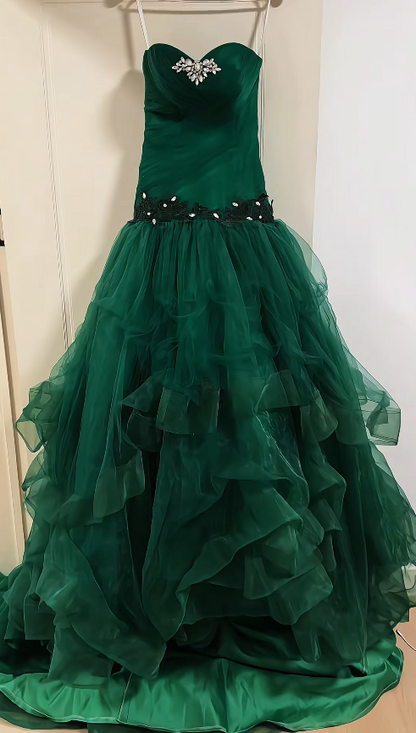 Fairy A-Line Tulle Long Evening Dress Dark Green Prom Dress DP08100