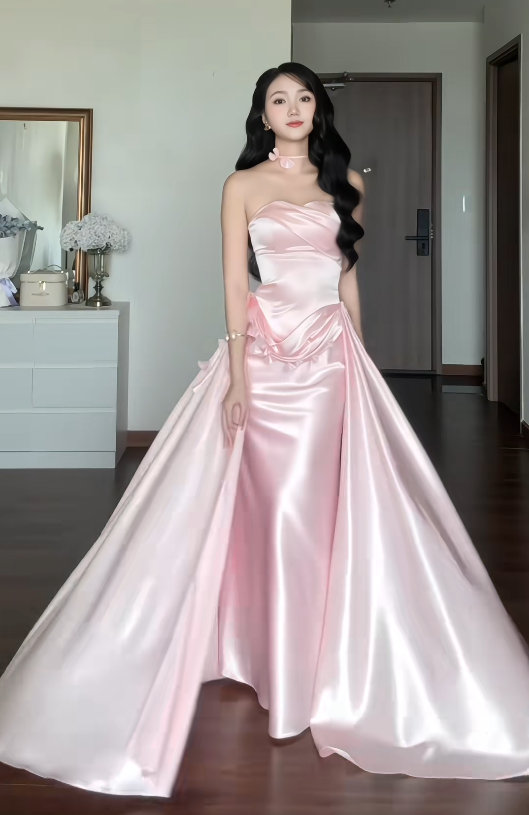 Pretty Pink Prom Dress Sheath Satin Long Evening Dress DP08103