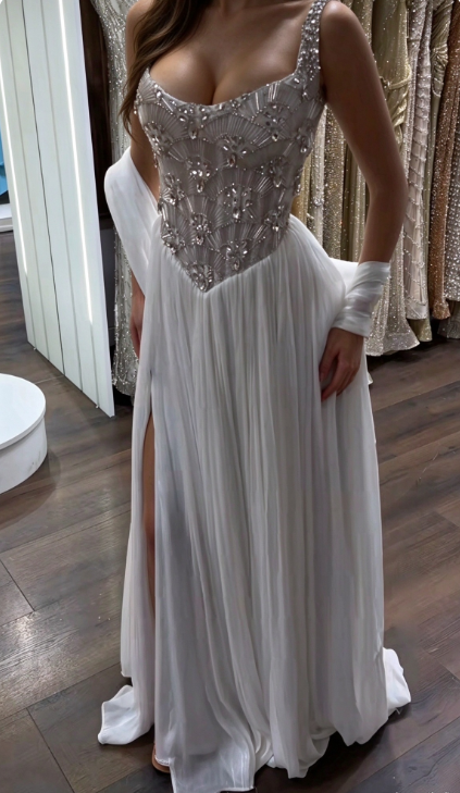 Pretty White Prom Dress Sheath Chiffon Long Evening Dress DP08104
