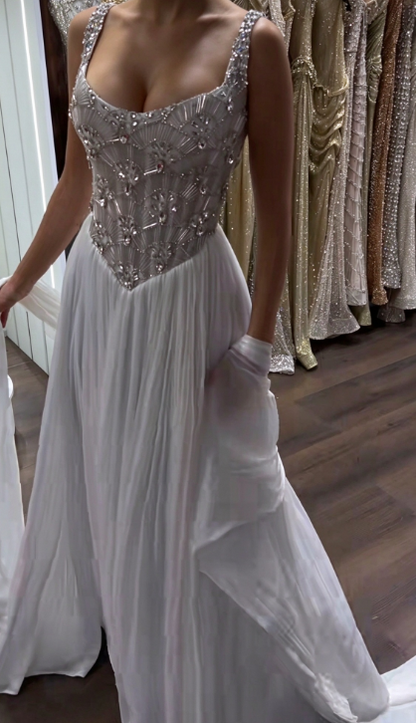 Pretty White Prom Dress Sheath Chiffon Long Evening Dress DP08104