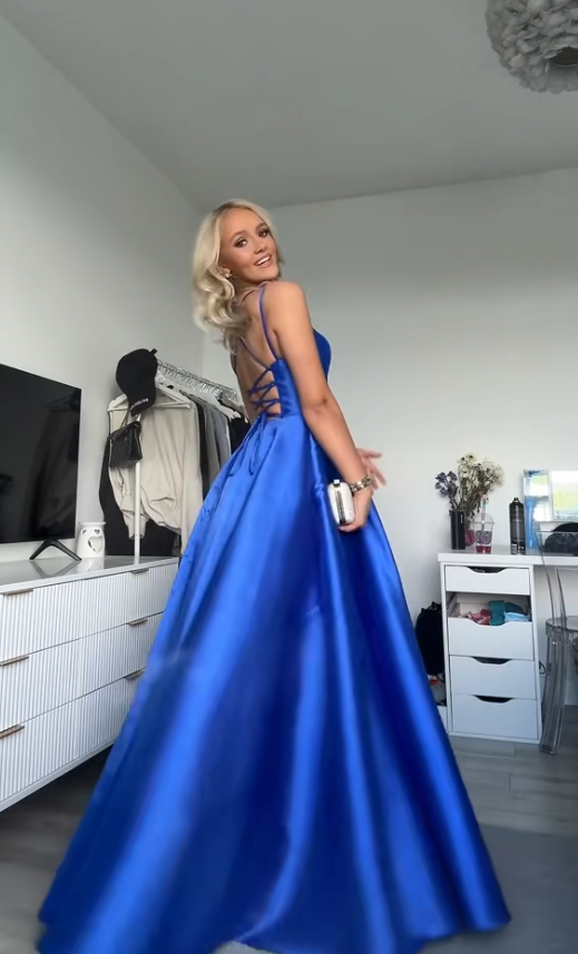 Pretty Blue Prom Dress A-Line Satin Long Evening Dress DP08107