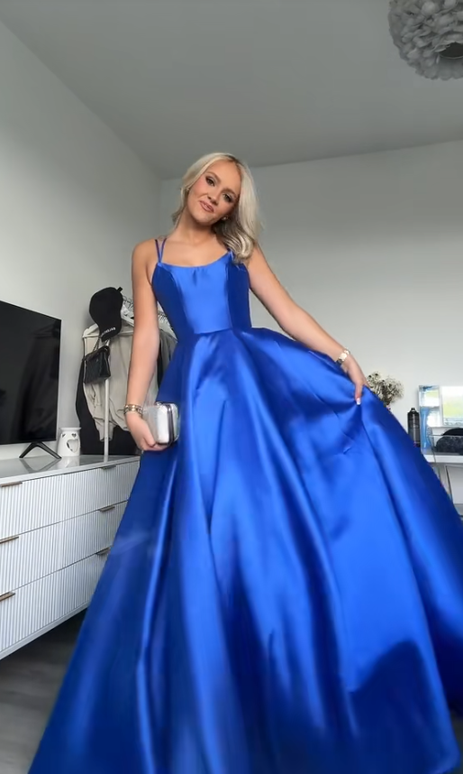Pretty Blue Prom Dress A-Line Satin Long Evening Dress DP08107