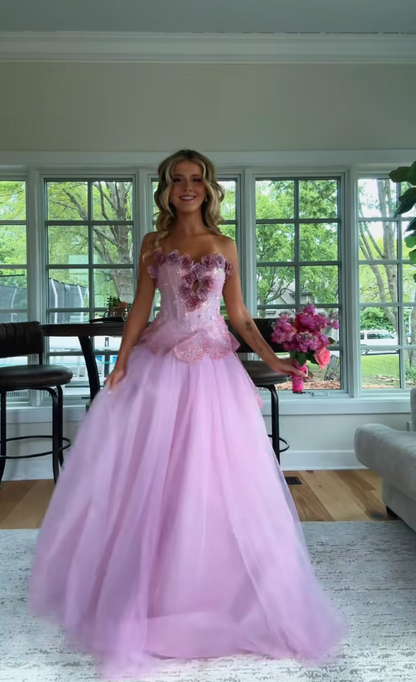Pretty Pink Prom Dress A-Line Tulle Long Evening Dress DP08108