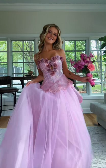 Pretty Pink Prom Dress A-Line Tulle Long Evening Dress DP08108