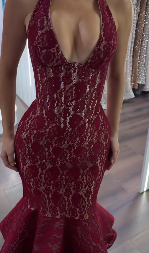 Pretty Burgundy Prom Dress Mermaid Lace Long Evening Dress DP08112