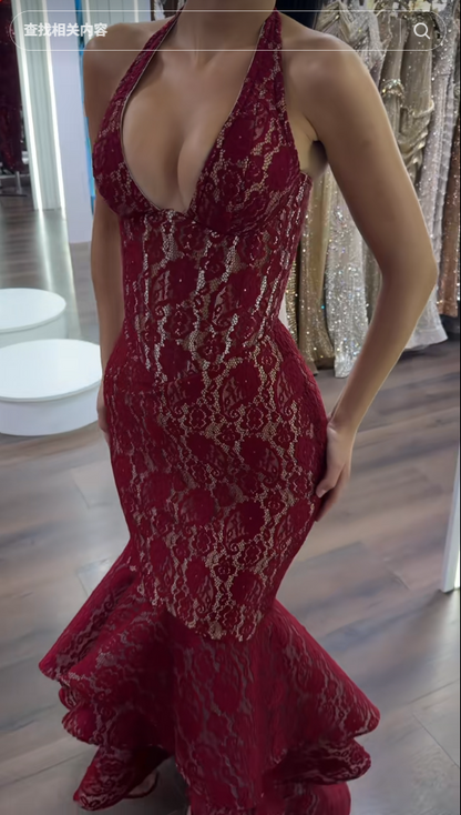 Pretty Burgundy Prom Dress Mermaid Lace Long Evening Dress DP08112