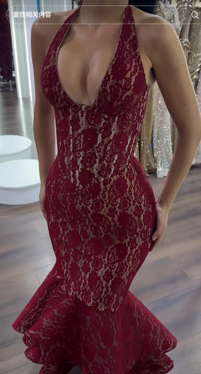 Pretty Burgundy Prom Dress Mermaid Lace Long Evening Dress DP08112