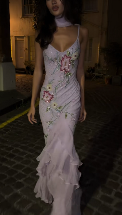 Pretty Pink Prom Dress Sheath Chiffon Beaded Long Evening Dress DP08113