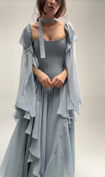 Pretty Dusty Blue Prom Dress A-Line Chiffon Long Evening Dress DP08115