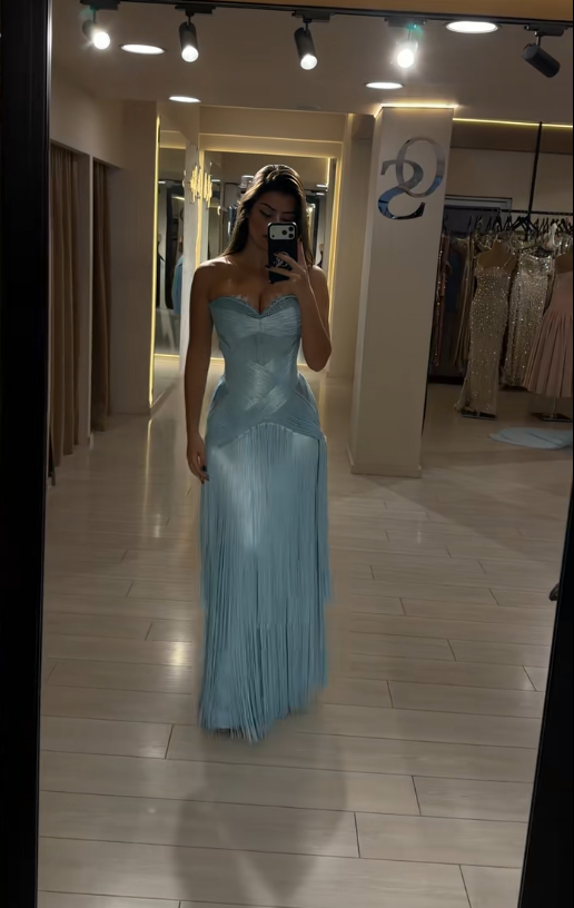 Pretty Blue Prom Dress Sheath Tassle Long Evening Dress DP08117
