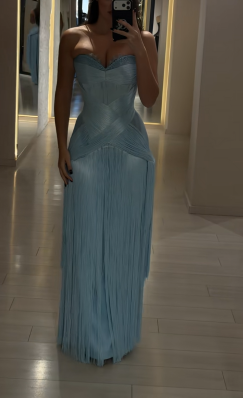 Pretty Blue Prom Dress Sheath Tassle Long Evening Dress DP08117