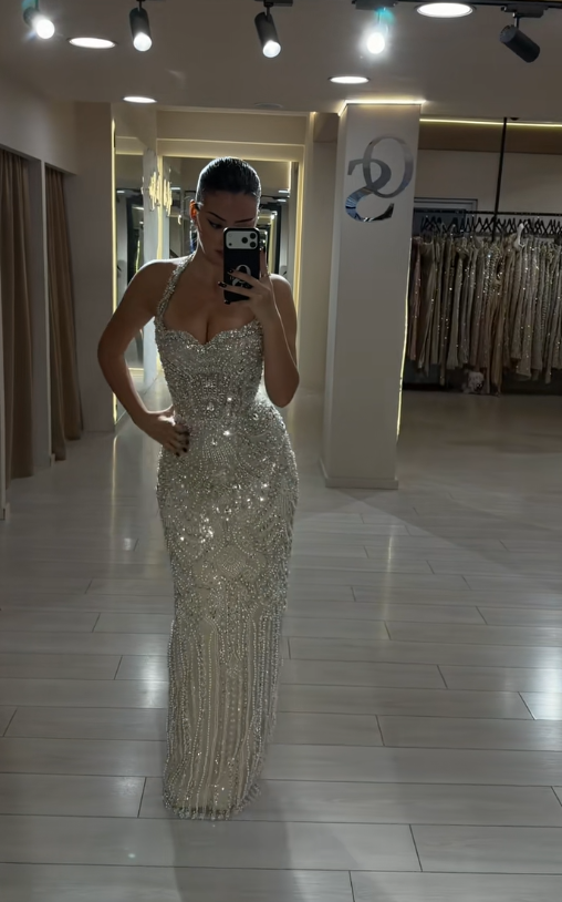 Pretty ChampagneProm Dress Sheath Tulle Beaded  Long Evening Dress DP08119