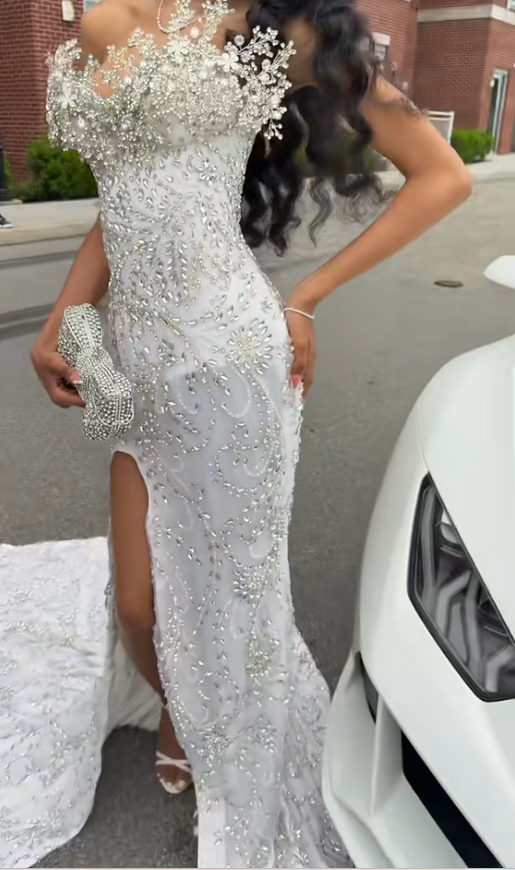 Pretty Silver Prom Dress Sheath Tulle Beaded Long Evening Dress DP08121