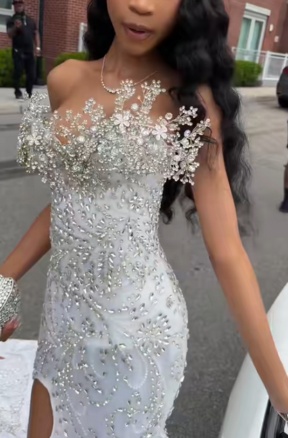 Pretty Silver Prom Dress Sheath Tulle Beaded Long Evening Dress DP08121