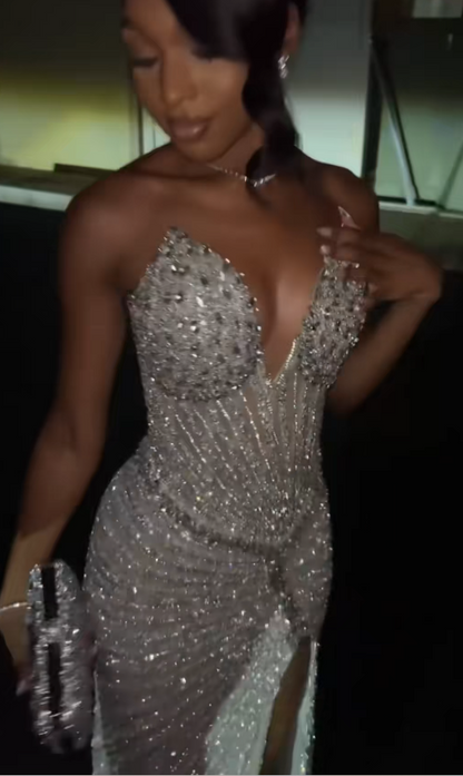 Pretty Silver Prom Dress Sheath Satin Beaded Long Evening Dress DP08123