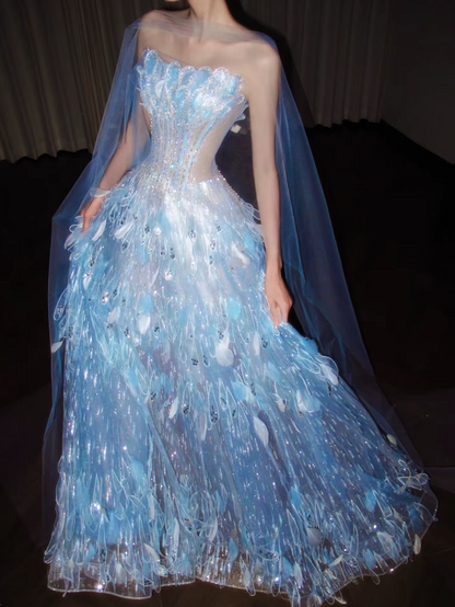 Pretty Blue Prom Dress A-Line Tulle Long Evening Dress DP08125