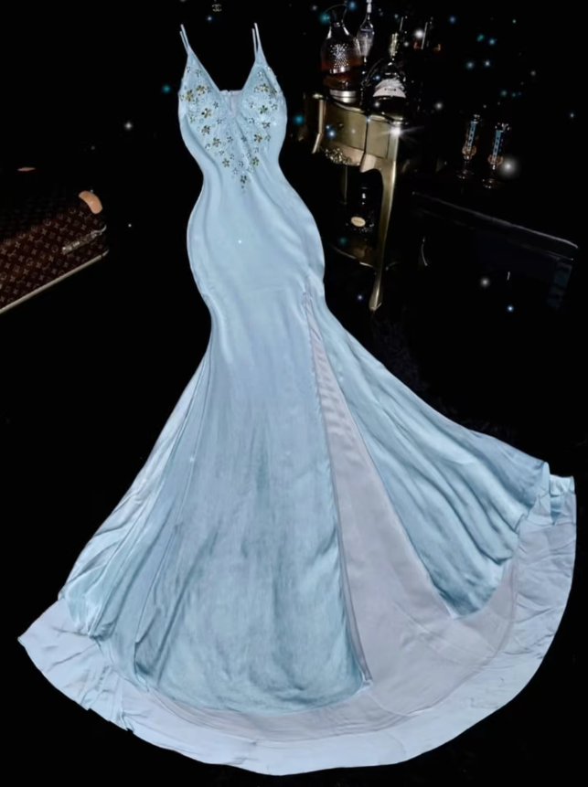 Pretty Blue Prom Dress Sheath Satin Long Evening Dress DP08126