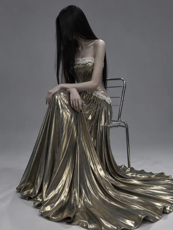 Pretty Gold Prom Dress Sheath Satin Long Evening Dress DP08127