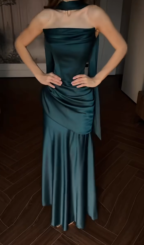 Pretty Dark Teal Prom Dress Sheath Satin Long Evening Dress DP08130