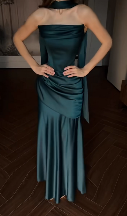 Pretty Dark Teal Prom Dress Sheath Satin Long Evening Dress DP08130