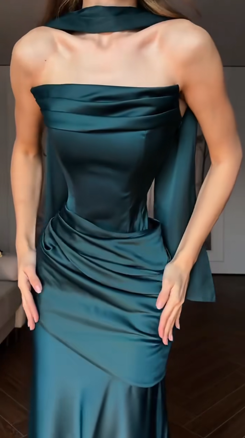 Pretty Dark Teal Prom Dress Sheath Satin Long Evening Dress DP08130