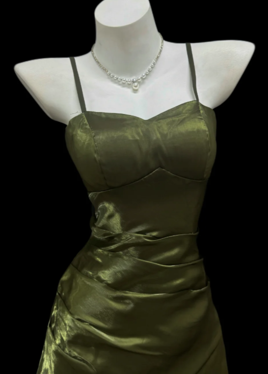 Pretty Olive Green Prom Dress Sheath Satin Long Evening Dress DP08131