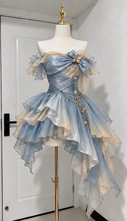 Pretty Blue Short Prom Dress Sheath Chiffon Birthday Dress DP08133