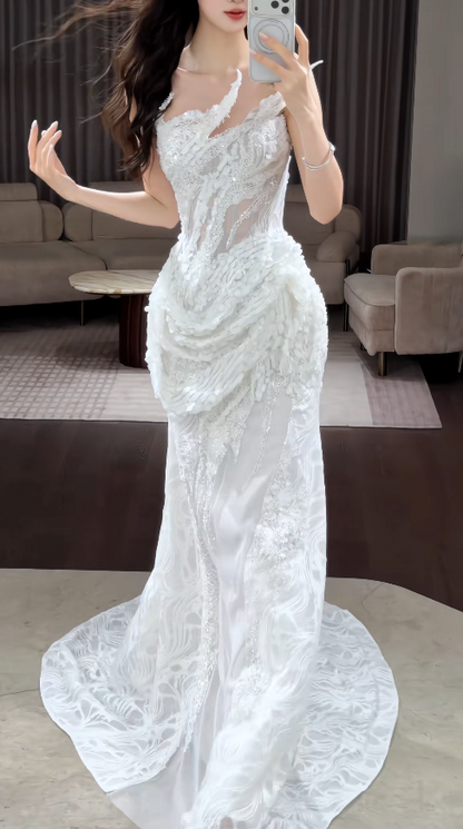 Chic White Wedding Dress Sheath Lace Bridal Gown DP08137