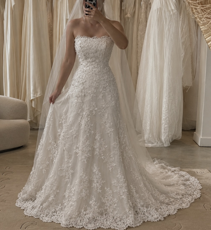 Robe de mariée blanche simple bustier coupe trapèze en dentelle robe de mariage longue DP08184