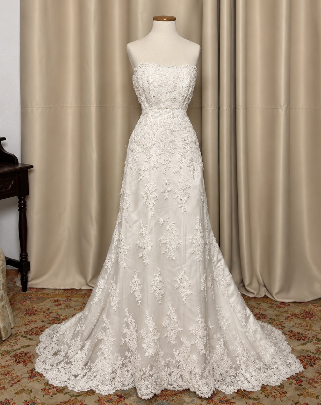 Robe de mariée blanche simple bustier coupe trapèze en dentelle robe de mariage longue DP08184