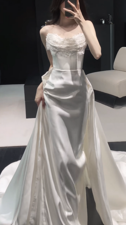Pretty White Bridal Gown Sheath Satin Long Wedding Dress DP08186