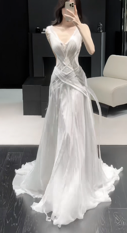 Pretty White Bridal Gown Sheath Chiffon Long Wedding Dress DP08187
