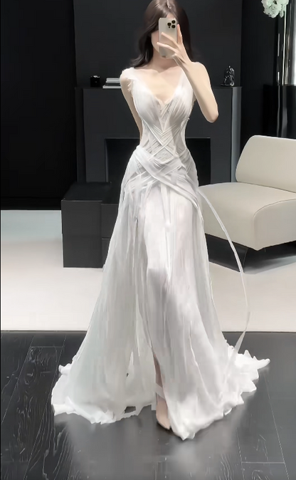 Pretty White Bridal Gown Sheath Chiffon Long Wedding Dress DP08187
