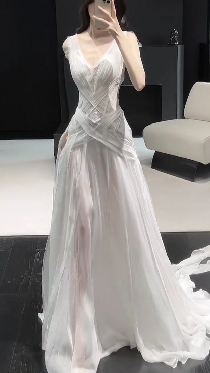 Pretty White Bridal Gown Sheath Chiffon Long Wedding Dress DP08187