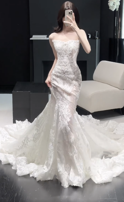 Pretty White Bridal Gown Sheath Lace Beaded Long Wedding Dress DP08188