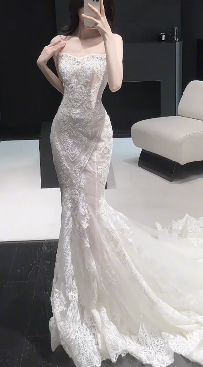 Pretty White Bridal Gown Sheath Lace Beaded Long Wedding Dress DP08188