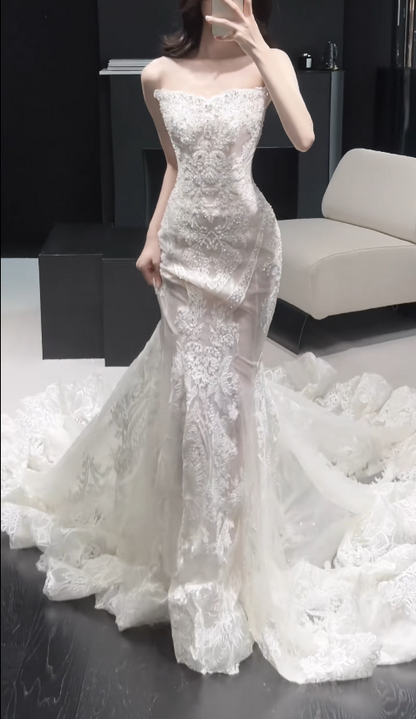 Pretty White Bridal Gown Sheath Lace Beaded Long Wedding Dress DP08188