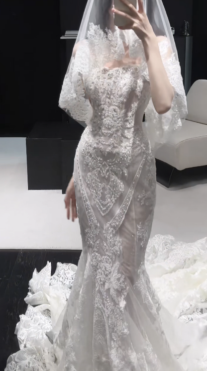 Pretty White Bridal Gown Sheath Lace Beaded Long Wedding Dress DP08188