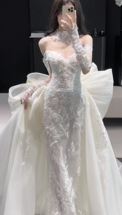 Pretty White Bridal Gown Sheath Lace Beaded Long Wedding Dress DP08189