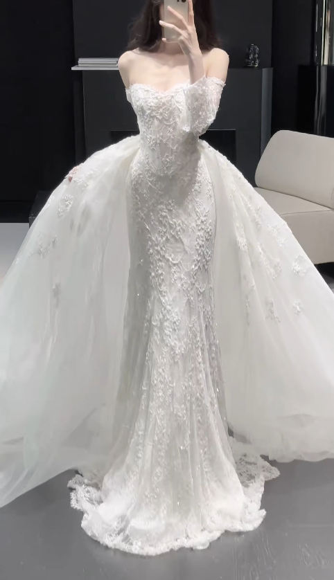 Pretty White Bridal Gown Sheath Lace Beaded Long Wedding Dress DP08189