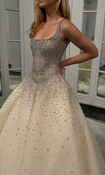 Pretty Light Champagne Bridal Gown A-Line Sequins Tulle Long Wedding Dress DP08192
